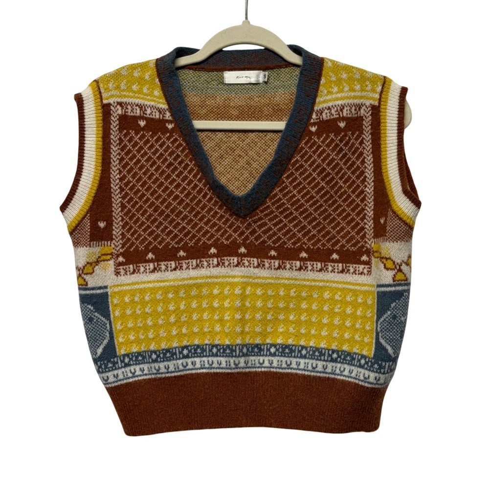 Knit Mix V-Neck Sweater Vest Brown Yellow Geometric Fair Isle Sleeveless Small